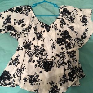 Off the shoulder, black and white rose top